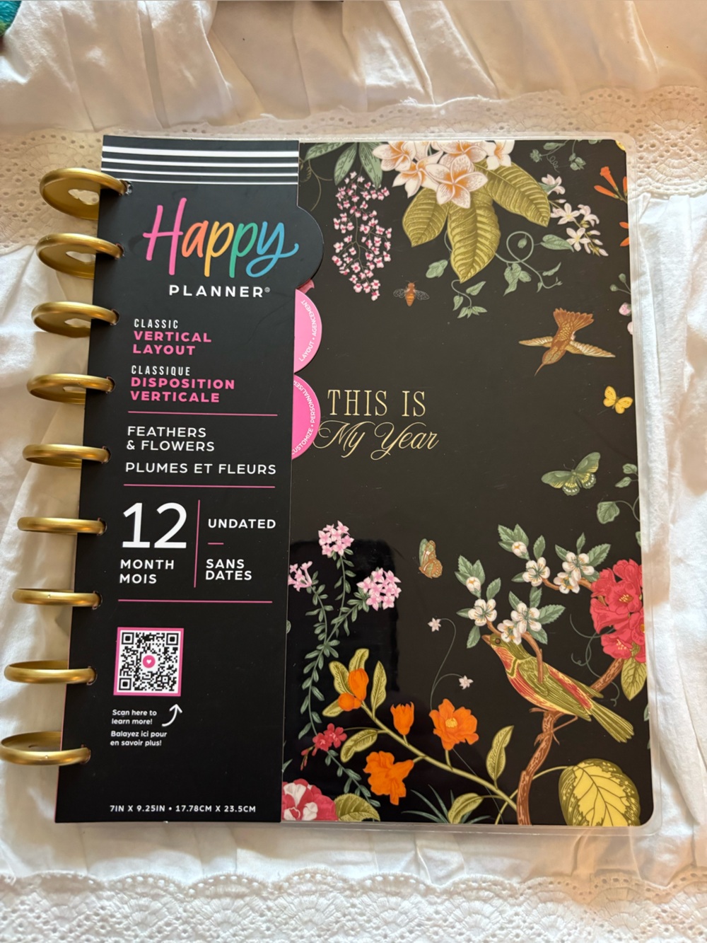 Happy Planner Black Floral Classic Vertical Planner with Gold Discs